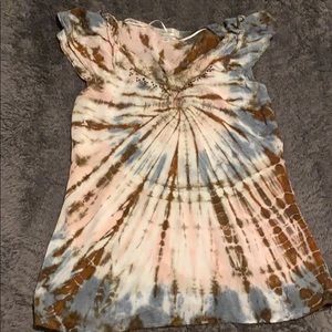Pink, brown, blue tie-dyed blouse